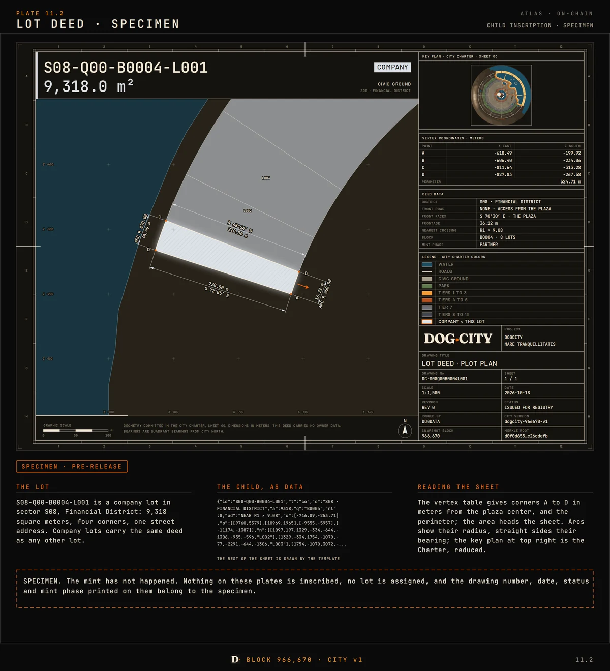 Specimen of a lot deed: the lot drawn as a surveyor's plat over its surroundings, with the key plan of the city, the vertex coordinates, the deed data and the stamp.