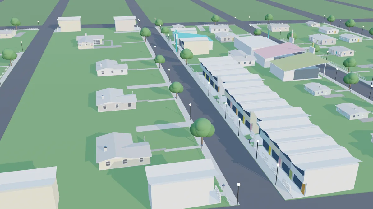 Design study of Atomic Heights: mid-century townhouses with butterfly roofs and breeze block screens, ranch houses across the street.