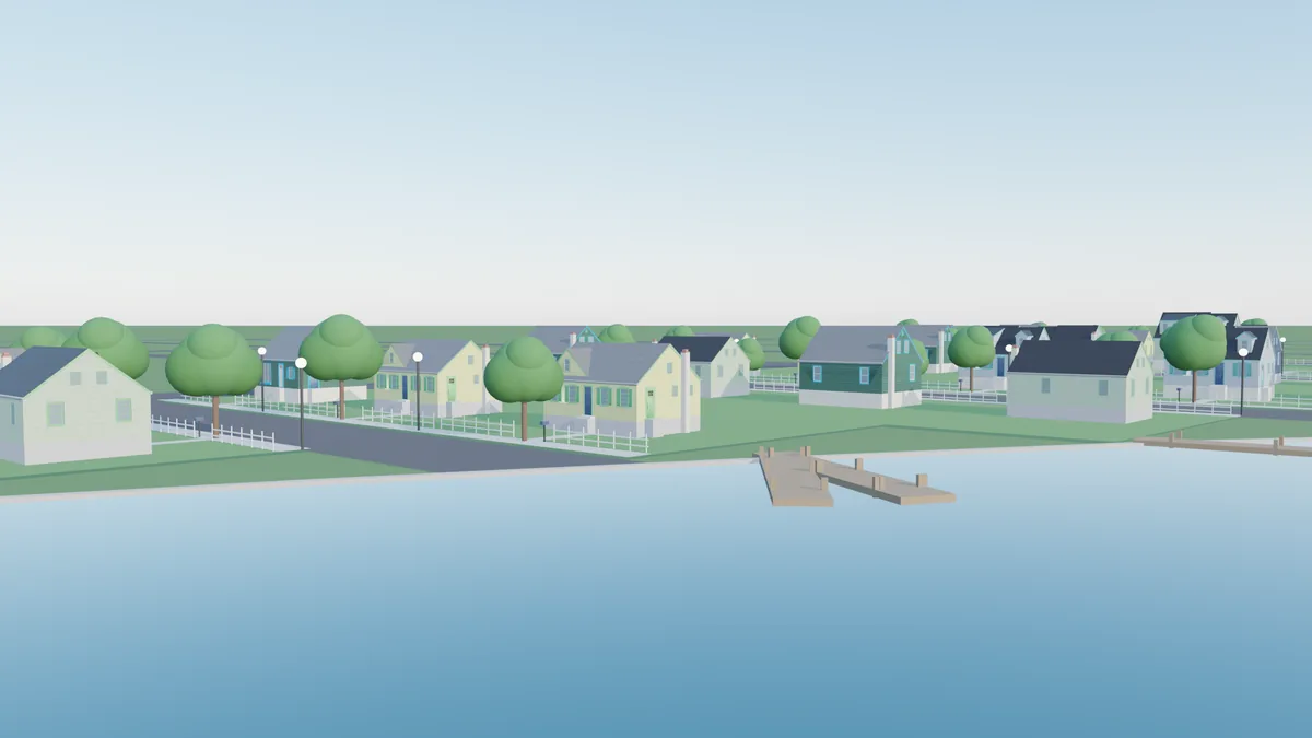 Design study of Bay Shore: Cape Cod houses in white, navy and yellow behind white picket fences.