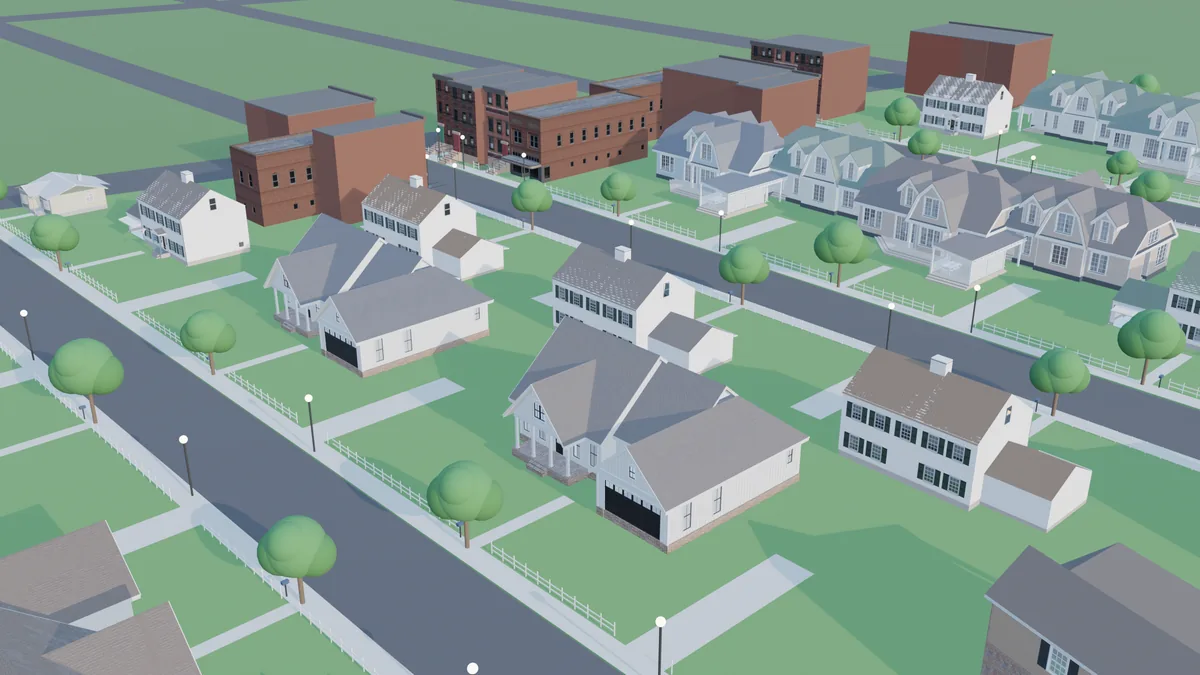 Design study of Brownstone Heights: a row of brownstone rowhouses with stone stoops and iron rails, and a corner store.