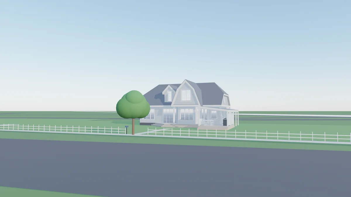 Design study of Harbor Canals: a New England house with dormers and a white picket fence on the lake front.
