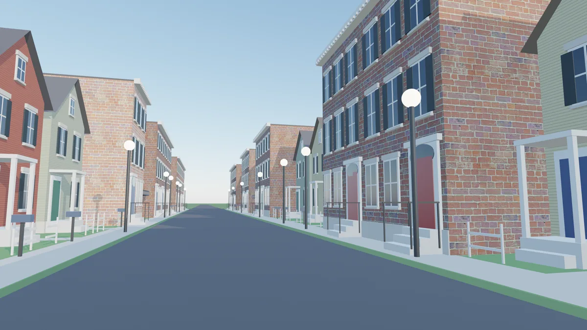 Design study of Liberty Row: Federal brick rowhouses with white trim, black shutters and fanlight doors on one side of a real street of the registry, painted gable-front houses on the other, street lamps and trees.