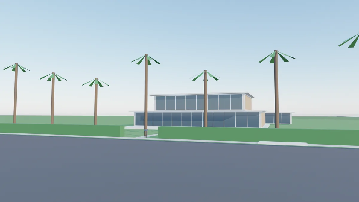 Design study of The Spit: a coastal modern estate with glass walls, a pool, a guest house, a tennis court and a row of palms.