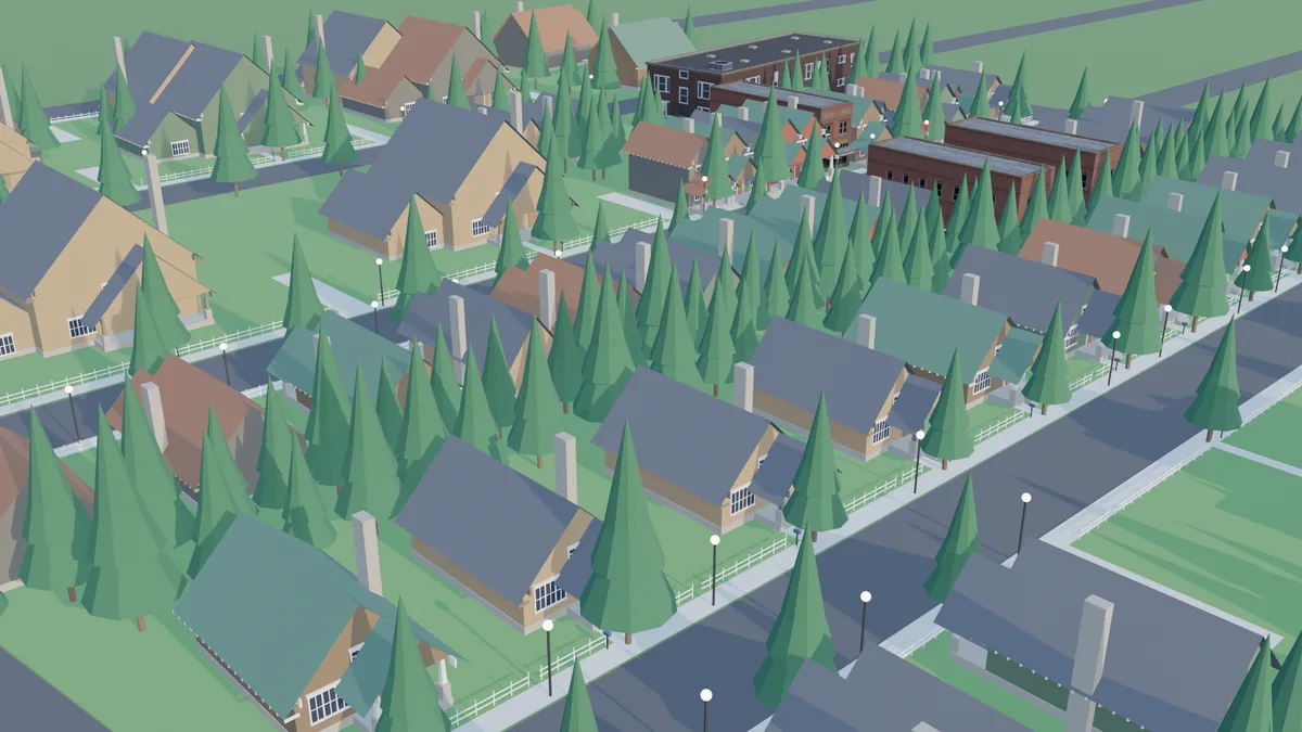 Design study of Timberline: steep roofed mountain houses among tall pines.