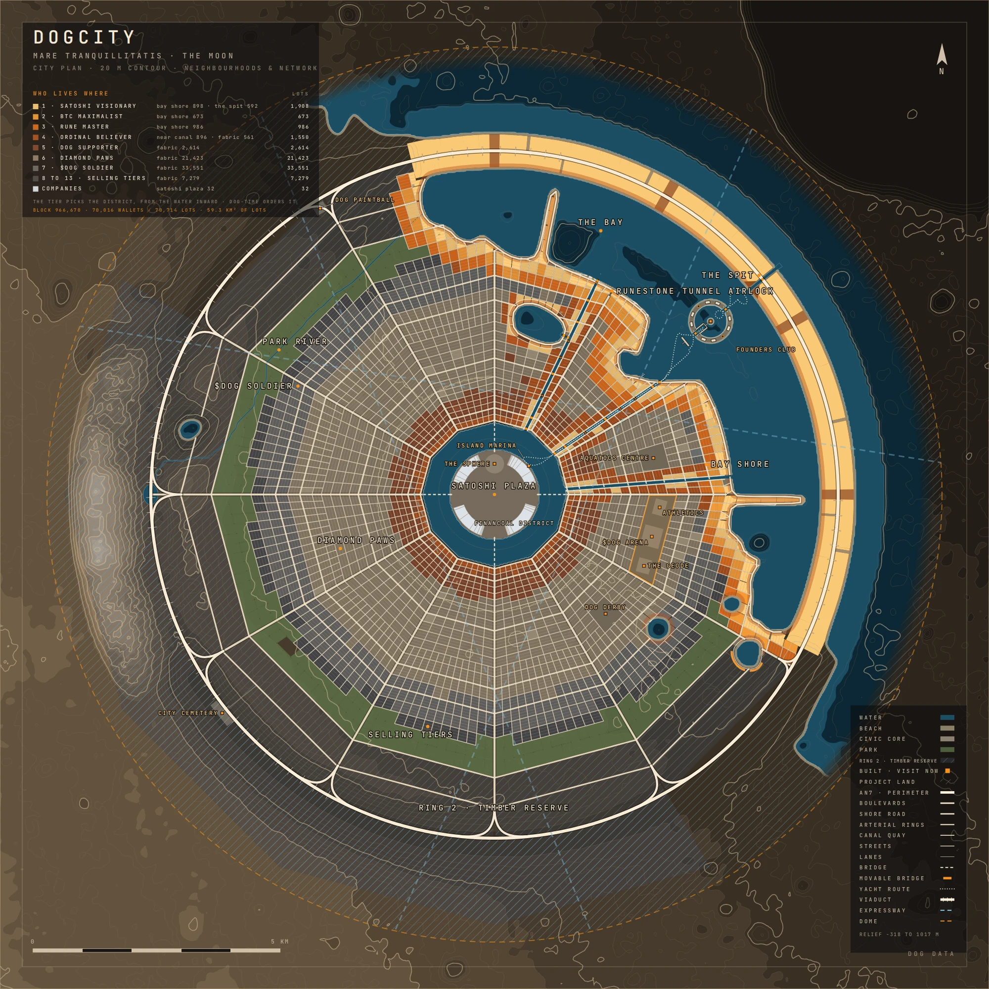 City plan of DogCity at block 966,670: Satoshi Plaza, the road web, the Spit along the bay, the Bay Shore and its two peninsulas, the great lake with its front row, the park that closes Ring 1, Ring 2 beyond it (the city's timber reserve), every lot coloured by tier.
